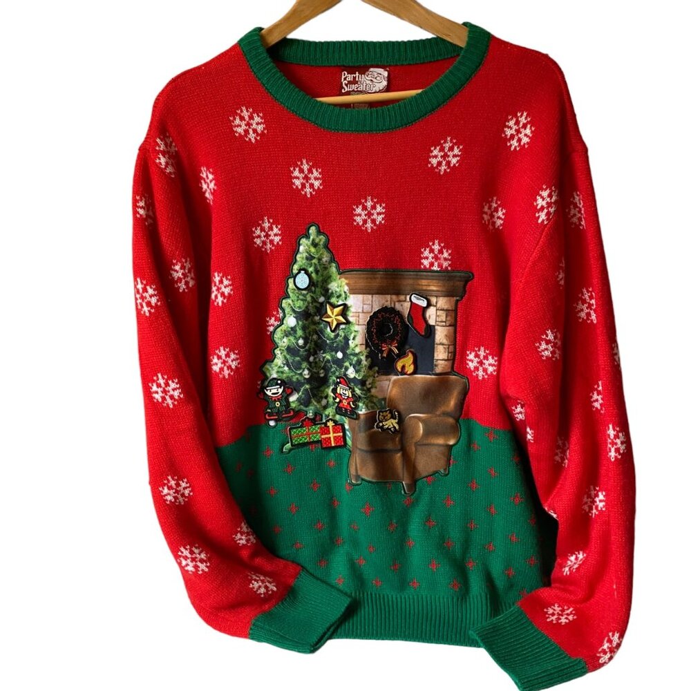 Party Sweater Dec 25 ugly red sweater fireplace Christmas tree stickers star 2XL